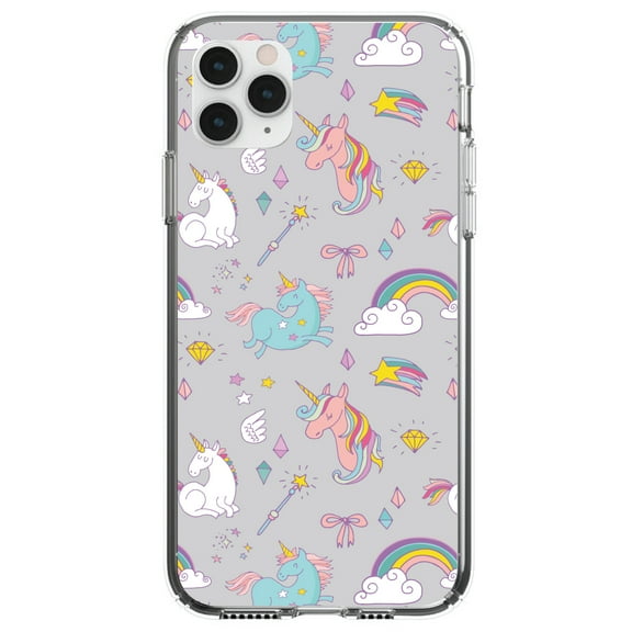 DistinctInk Clear Shockproof Hybrid Case for iPhone 11 (6.1" Screen) - TPU Bumper, Acrylic Back, Tempered Glass Screen Protector - Unicorn Rainbow Wand Pattern - Grey