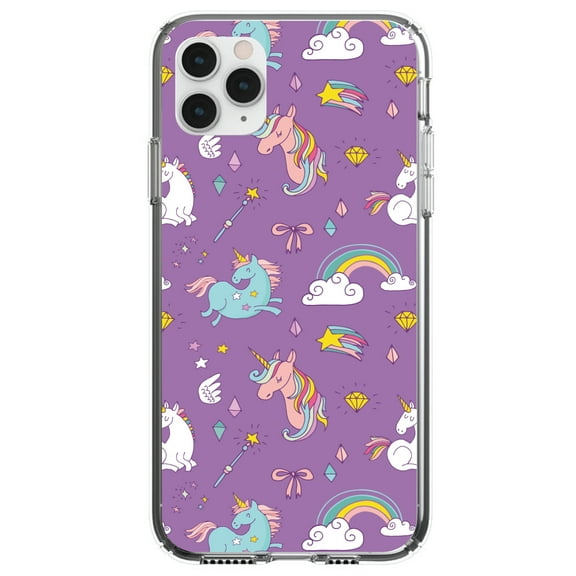 DistinctInk Clear Shockproof Hybrid Case for iPhone 11 (6.1" Screen) - TPU Bumper, Acrylic Back, Tempered Glass Screen Protector - Unicorn Rainbow Wand Pattern - Purple