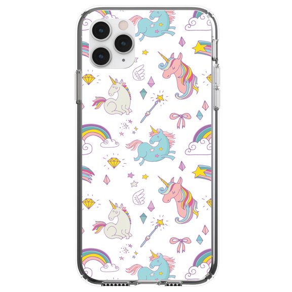 DistinctInk Clear Shockproof Hybrid Case for iPhone 11 (6.1" Screen) - TPU Bumper, Acrylic Back, Tempered Glass Screen Protector - Unicorn Rainbow Wand Pattern - White