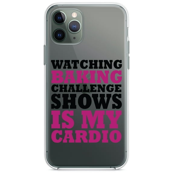 DistinctInk Clear Shockproof Hybrid Case for iPhone 11 (6.1" Screen) - TPU Bumper Acrylic Back Tempered Glass Screen Protector - Watching Baking Shows is My Cardio