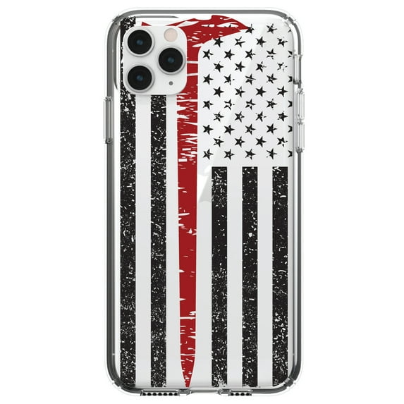 DistinctInk Clear Shockproof Hybrid Case for iPhone 11 (6.1" Screen) - TPU Bumper, Acrylic Back, Tempered Glass Screen Protector - Weathered Thin Red Line US Flag With Axe Fire Fighters