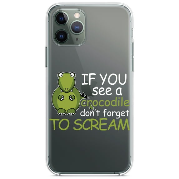DistinctInk Clear Shockproof Hybrid Case for iPhone 11 (6.1" Screen) - TPU Bumper Acrylic Back Tempered Glass Screen Protector - If You See A Crocodile, Don't Forget to Scream