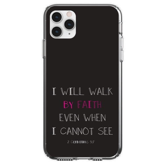 DistinctInk Clear Shockproof Hybrid Case for iPhone 11 Pro (5.8" Screen) - TPU Bumper, Acrylic Back, Tempered Glass Screen Protector - 2 Corinthians 5:7 - I Will Walk By Faith Even When I Cannot See