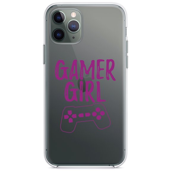 DistinctInk Clear Shockproof Hybrid Case for iPhone 11 Pro (5.8" Screen) - TPU Bumper Acrylic Back Tempered Glass Screen Protector - Gamer Girl - Video Games