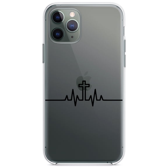 DistinctInk Clear Shockproof Hybrid Case for iPhone 11 Pro (5.8" Screen) - TPU Bumper Acrylic Back Tempered Glass Screen Protector - Heartbeat Cross Sinus Rhythm