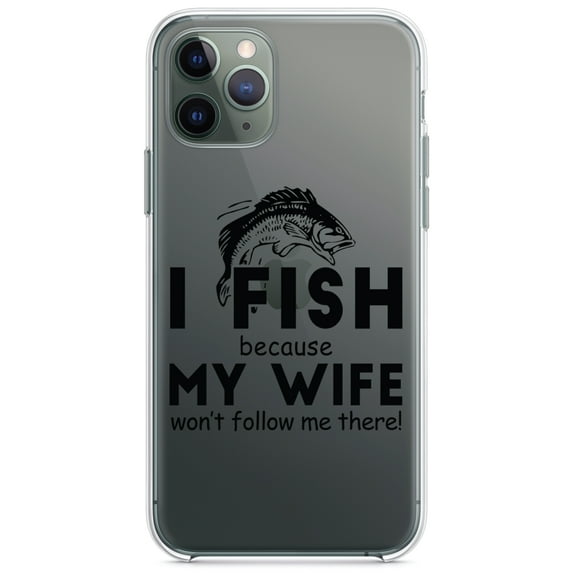 DistinctInk Clear Shockproof Hybrid Case for iPhone 11 Pro (5.8" Screen) - TPU Bumper Acrylic Back Tempered Glass Screen Protector - I Fish Because My Wife Won't Follow Me
