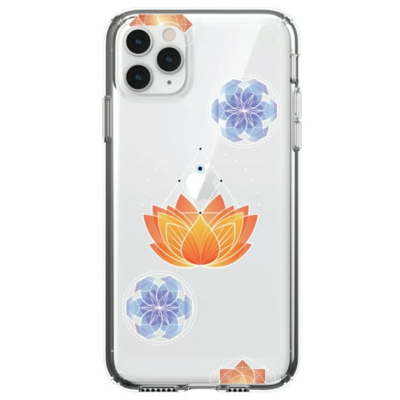 DistinctInk Clear Shockproof Hybrid Case for iPhone 11 Pro (5.8" Screen) - TPU Bumper, Acrylic Back, Tempered Glass Screen Protector - Lotus Flower and Mandalas