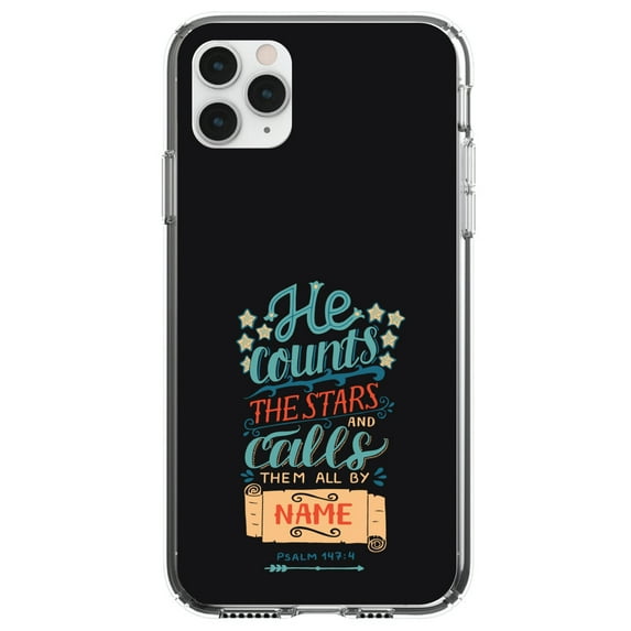 DistinctInk Clear Shockproof Hybrid Case for iPhone 11 Pro (5.8" Screen) - TPU Bumper, Acrylic Back, Tempered Glass Screen Protector - Psalm 147:4 - He Counts the Stars Calls Them By Name