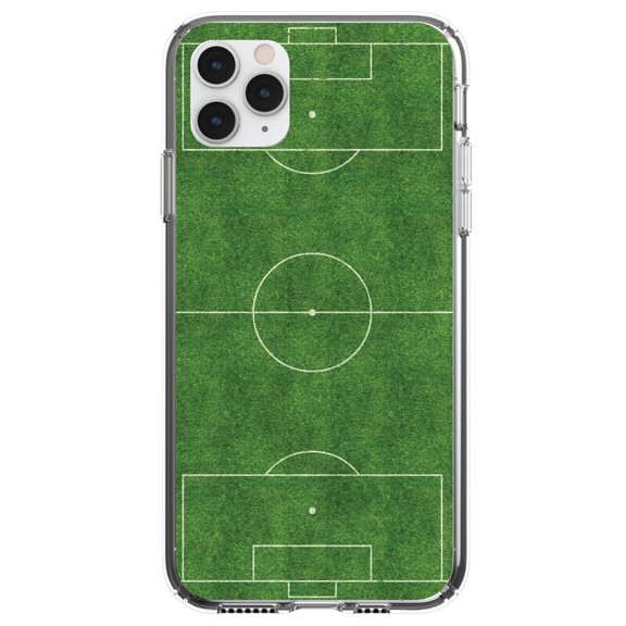 DistinctInk Clear Shockproof Hybrid Case for iPhone 11 Pro (5.8" Screen) - TPU Bumper, Acrylic Back, Tempered Glass Screen Protector - Soccer Field Layout