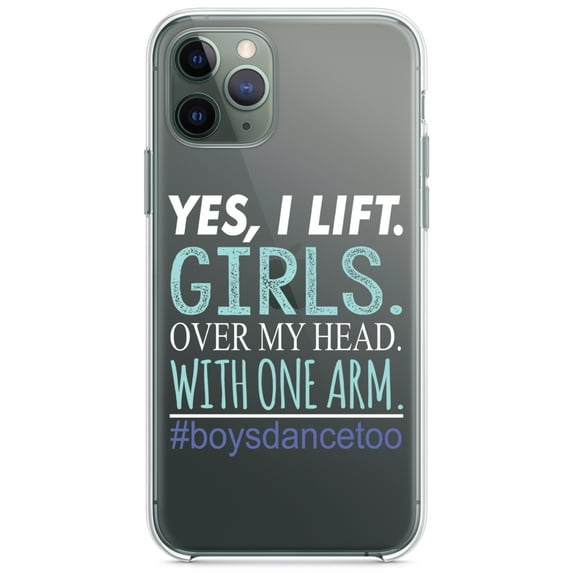 DistinctInk Clear Shockproof Hybrid Case for iPhone 11 Pro (5.8" Screen) - TPU Bumper Acrylic Back Tempered Glass Screen Protector - Yes, I Lift. Girls. Over My Head. Boys Dance Too