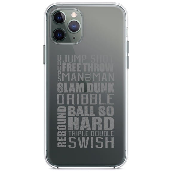 DistinctInk Clear Shockproof Hybrid Case for iPhone 11 Pro MAX (6.5" Screen) - TPU Bumper Acrylic Back Tempered Glass Screen Protector - Basketball Word Art Jump Shot Free Throw