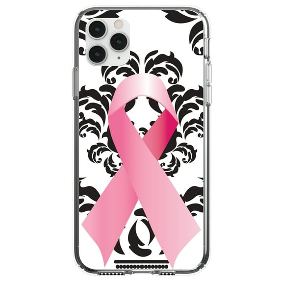 DistinctInk Clear Shockproof Hybrid Case for iPhone 11 Pro MAX (6.5" Screen) - TPU Bumper, Acrylic Back, Tempered Glass Screen Protector - Black Damask Pink Ribbon - Breast Cancer Awareness