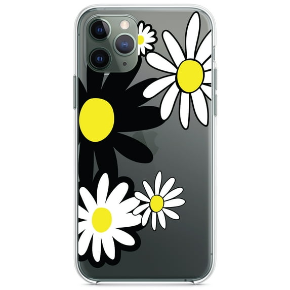 DistinctInk Clear Shockproof Hybrid Case for iPhone 11 Pro MAX (6.5" Screen) - TPU Bumper Acrylic Back Tempered Glass Screen Protector - Black & Yellow Modern Daisies