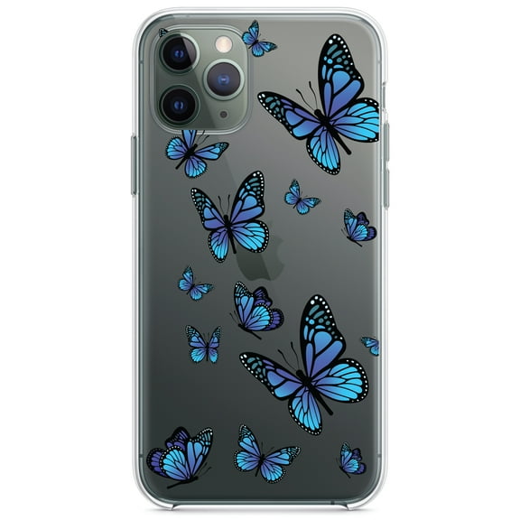 DistinctInk Clear Shockproof Hybrid Case for iPhone 11 Pro MAX (6.5" Screen) - TPU Bumper Acrylic Back Tempered Glass Screen Protector - Blue Butterflies Butterfly