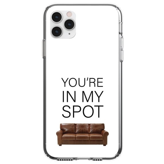 DistinctInk Clear Shockproof Hybrid Case for iPhone 11 Pro MAX (6.5" Screen) - TPU Bumper, Acrylic Back, Tempered Glass Screen Protector - Brown Couch "You're in My Spot"
