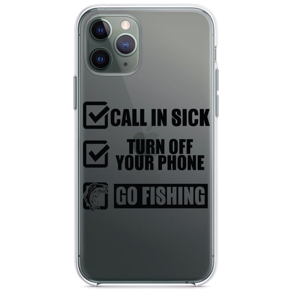 DistinctInk Clear Shockproof Hybrid Case for iPhone 11 Pro MAX (6.5" Screen) - TPU Bumper Acrylic Back Tempered Glass Screen Protector - Call in Sick, Turn Off Phone, Go Fishing