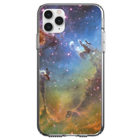 DistinctInk Clear Shockproof Hybrid Case for iPhone 11 Pro MAX (6.5" Screen) - TPU Bumper, Acrylic Back, Tempered Glass Screen Protector - Eagle Nebula Orange Blue - Love of Astronomy