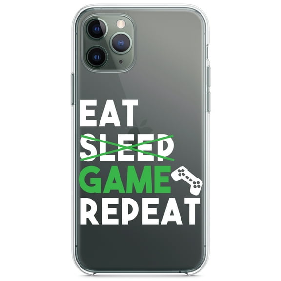 DistinctInk Clear Shockproof Hybrid Case for iPhone 11 Pro MAX (6.5" Screen) - TPU Bumper Acrylic Back Tempered Glass Screen Protector - Eat Game Repeat - Video Games Gamer