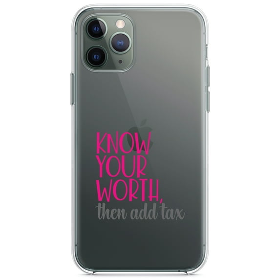 DistinctInk Clear Shockproof Hybrid Case for iPhone 11 Pro MAX (6.5" Screen) - TPU Bumper Acrylic Back Tempered Glass Screen Protector - Know Your Worth - Then Add Tax