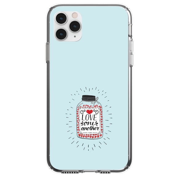 DistinctInk Clear Shockproof Hybrid Case for iPhone 11 Pro MAX (6.5" Screen) - TPU Bumper, Acrylic Back, Tempered Glass Screen Protector - Love One Another - Heart / Jar