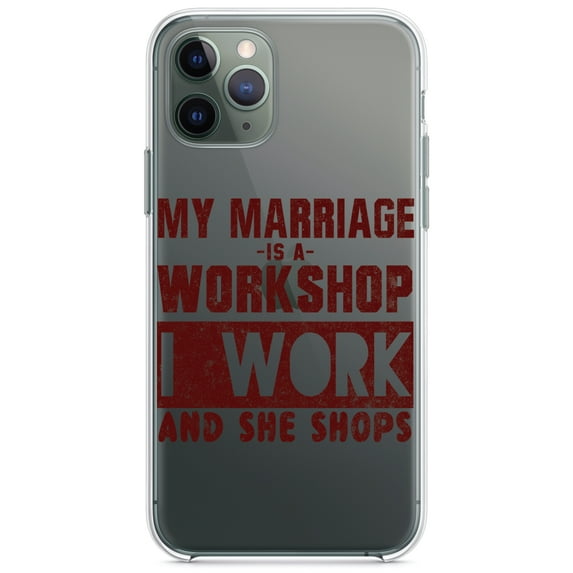 DistinctInk Clear Shockproof Hybrid Case for iPhone 11 Pro MAX (6.5" Screen) - TPU Bumper Acrylic Back Tempered Glass Screen Protector - Marriage is Workshop - I Work She Shops