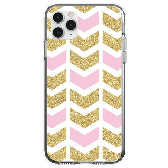 DistinctInk Clear Shockproof Hybrid Case for iPhone 11 Pro MAX (6.5" Screen) - TPU Bumper, Acrylic Back, Tempered Glass Screen Protector - Pink & Gold Print - Random Chevron Pattern