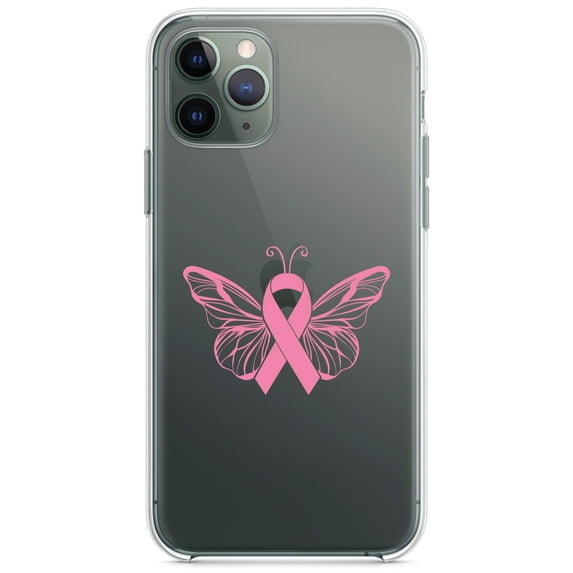 DistinctInk Clear Shockproof Hybrid Case for iPhone 11 Pro MAX (6.5" Screen) - TPU Bumper Acrylic Back Tempered Glass Screen Protector - Pink Ribbon Cancer - Butterfly