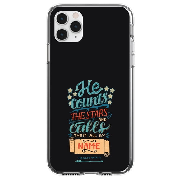 DistinctInk Clear Shockproof Hybrid Case for iPhone 11 Pro MAX (6.5" Screen) - TPU Bumper, Acrylic Back, Tempered Glass Screen Protector - Psalm 147:4 - He Counts the Stars Calls Them By Name