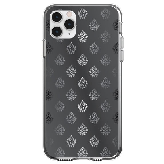 DistinctInk Clear Shockproof Hybrid Case for iPhone 11 Pro MAX (6.5" Screen) - TPU Bumper, Acrylic Back, Tempered Glass Screen Protector - Silver Grey Black White Damask - Floral Damask Pattern