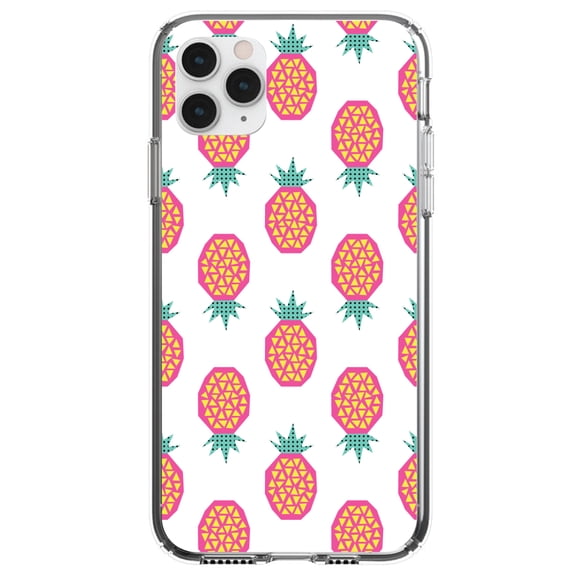 DistinctInk Clear Shockproof Hybrid Case for iPhone 11 Pro MAX (6.5" Screen) - TPU Bumper, Acrylic Back, Tempered Glass Screen Protector - Summer Graphics - Pineapple Pattern - Pink