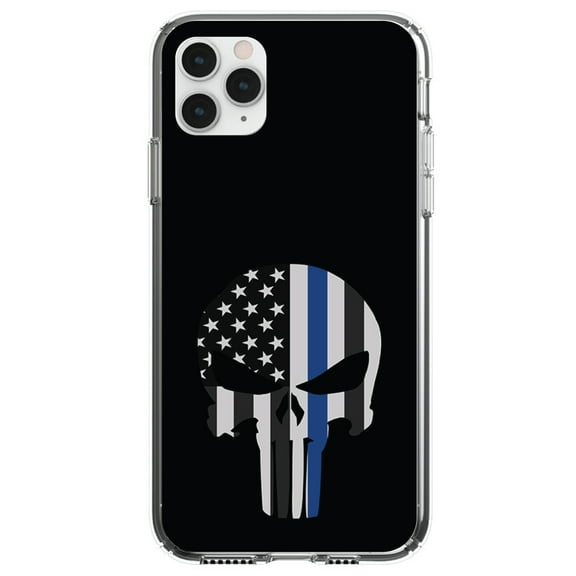 DistinctInk Clear Shockproof Hybrid Case for iPhone 11 Pro MAX (6.5" Screen) - TPU Bumper, Acrylic Back, Tempered Glass Screen Protector - Thin Blue Line Skull - Show Your Support for First Responders