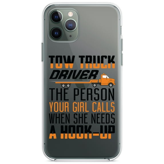 DistinctInk Clear Shockproof Hybrid Case for iPhone 11 Pro MAX (6.5" Screen) - TPU Bumper Acrylic Back Tempered Glass Screen Protector - Tow Truck Driver Your Girl Calls Hook Up