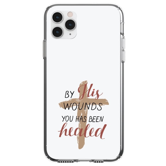 DistinctInk Clear Shockproof Hybrid Case for iPhone 11 Pro MAX (6.5" Screen) - TPU Bumper, Acrylic Back, Tempered Glass Screen Protector - By His Wounds You Has Been Healed - Cross