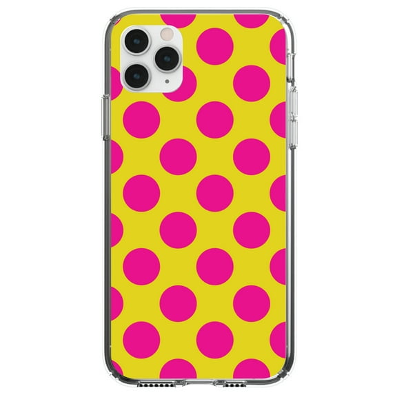 DistinctInk Clear Shockproof Hybrid Case for iPhone 11 Pro MAX (6.5" Screen) - TPU Bumper, Acrylic Back, Tempered Glass Screen Protector - Yellow Hot Pink Polka Dots