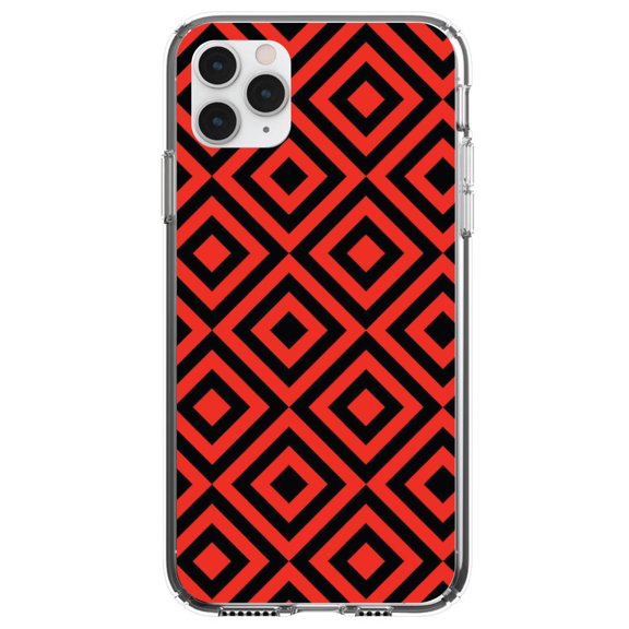 DistinctInk Clear Hybrid Case for Apple iPhone 12 (6.1" Screen) - Black Red Diamond Pattern Geometric - Slim Profile Design