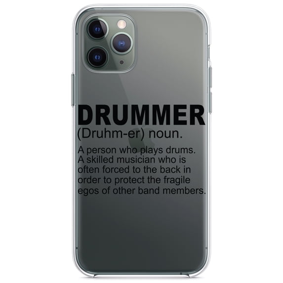 DistinctInk Clear Hybrid Case for Apple iPhone 12 (6.1" Screen) - Drummer Dictionary Definition - Tempered Glass Back