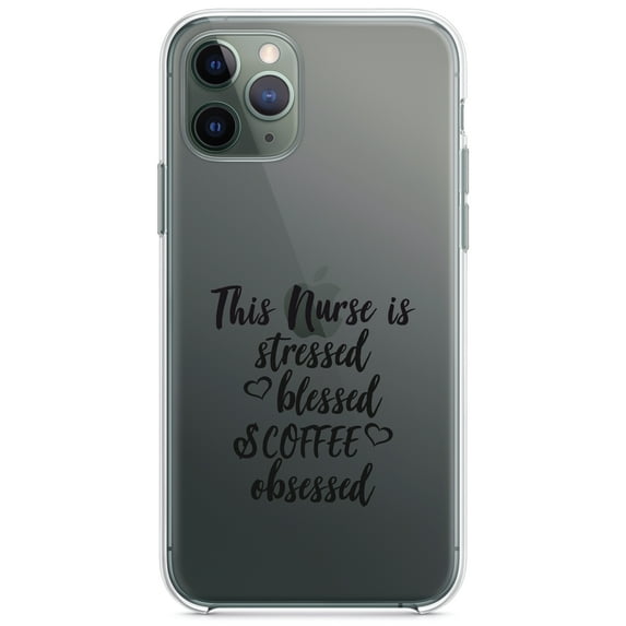 DistinctInk Clear Hybrid Case for Apple iPhone 12 (6.1" Screen) - This Nurse Is Stressed Blessed & Coffee Obsessed - Wireless Charging Compatible