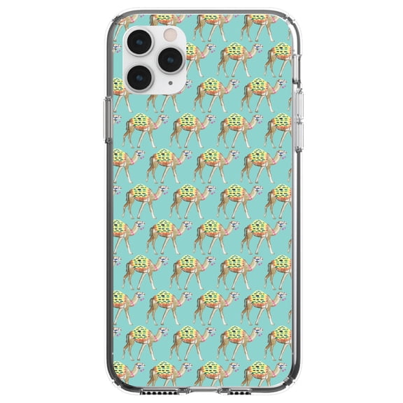DistinctInk Clear Hybrid Case for Apple iPhone 12 (6.1" Screen) - Camels on Teal Background - Lightweight Grip