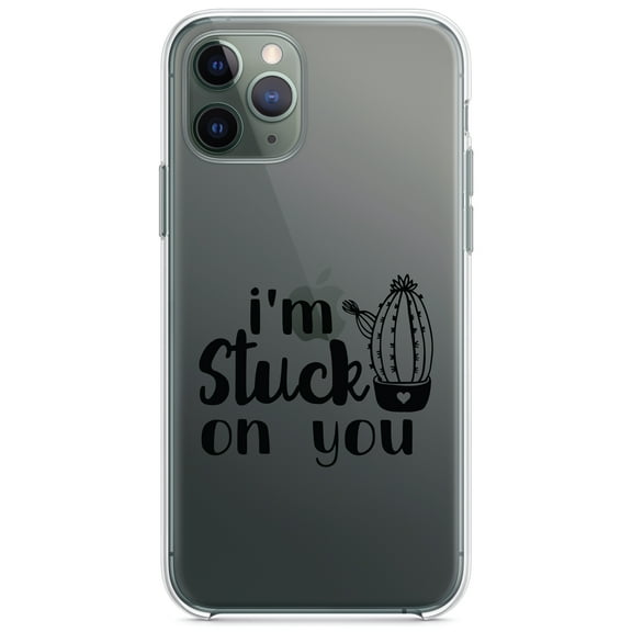 DistinctInk Clear Hybrid Case for Apple iPhone 12 Mini (5.4" Screen) - I'm Stuck On You Cactus - Wireless Charging Compatible