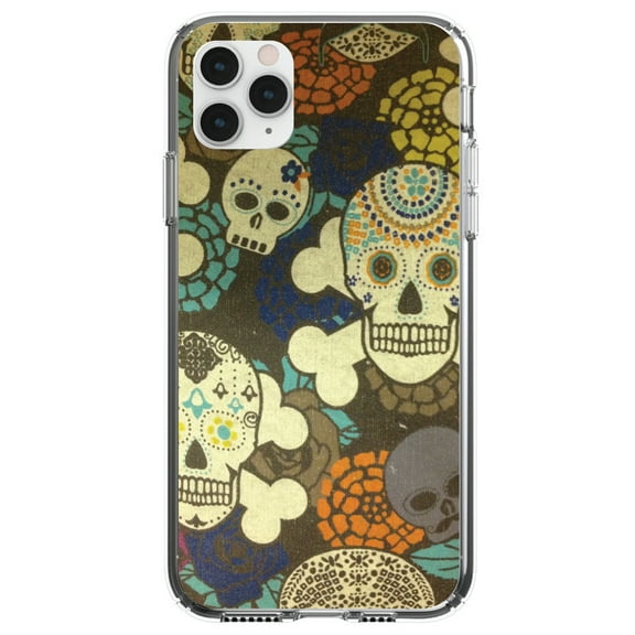 DistinctInk Clear Hybrid Case for Apple iPhone 12 Mini (5.4" Screen) - Sugar Skulls Green Orange - Wireless Charging Compatible