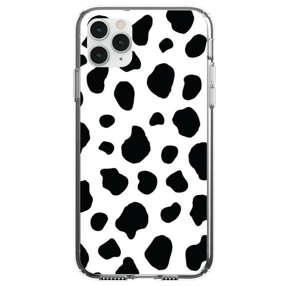 DistinctInk Clear Shockproof Hybrid Case for iPhone 12 / 12 PRO (6.1" Screen) - TPU Bumper, Acrylic Back, Tempered Glass Screen Protector - Black White Cow Dalmatian Spots - Animal Print