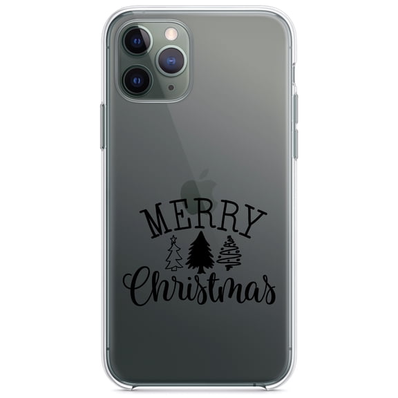 DistinctInk Clear Hybrid Case for Apple iPhone 12 Pro Max (6.7" Screen) - Merry Christmas Doodle Trees - Tempered Glass Back