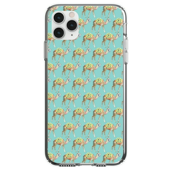 DistinctInk Clear Hybrid Case for Apple iPhone 12 Pro Max (6.7" Screen) - Camels on Teal Background - Raised Bezel Screen Guard