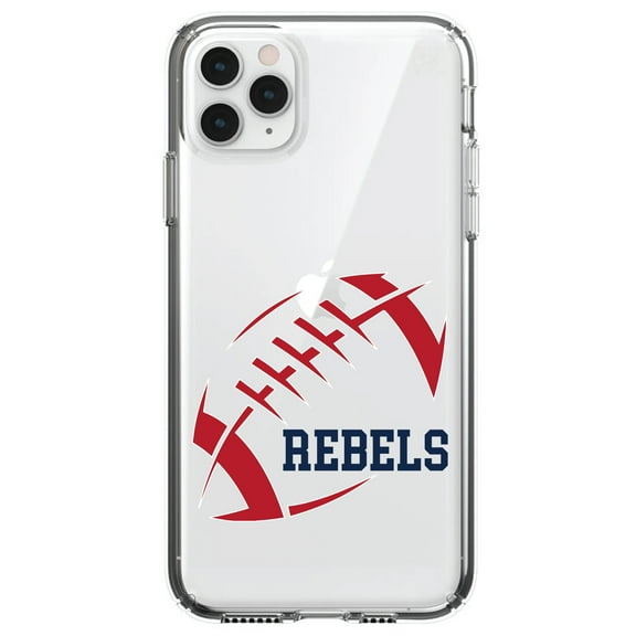 DistinctInk Clear Shockproof Hybrid Case for iPhone 12 Pro MAX (6.7" Screen) - TPU Bumper, Acrylic Back, Tempered Glass Screen Protector - Rebels Football - Red, Navy