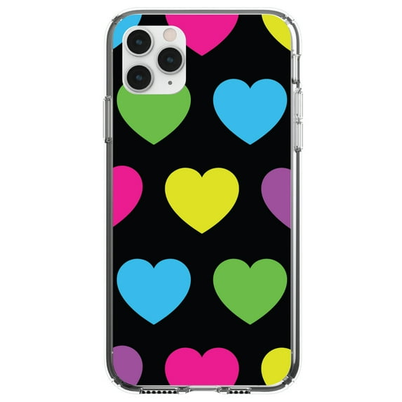 DistinctInk Clear Hybrid Case for Apple iPhone 13 (6.1" Screen) - Black Multi Color Hearts - Lightweight Grip