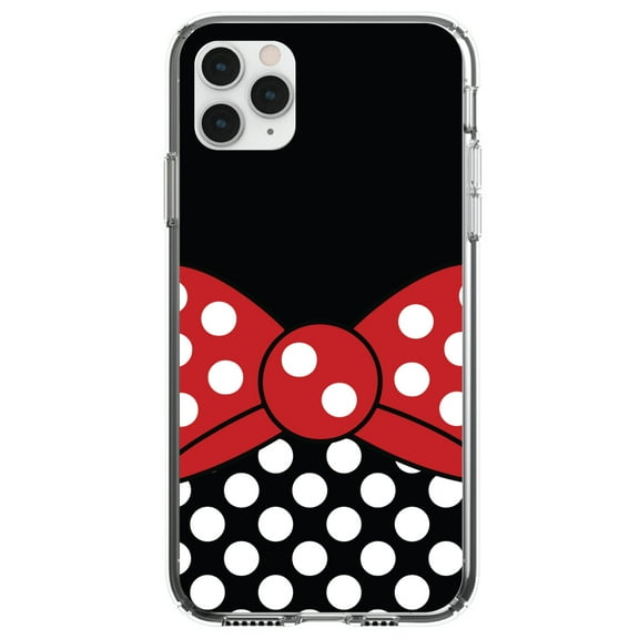 DistinctInk Clear Shockproof Hybrid Case for iPhone 13 (6.1" Screen) - TPU Bumper, Acrylic Back, Tempered Glass Screen Protector - Black White Polka Dot Red Bow Minnie