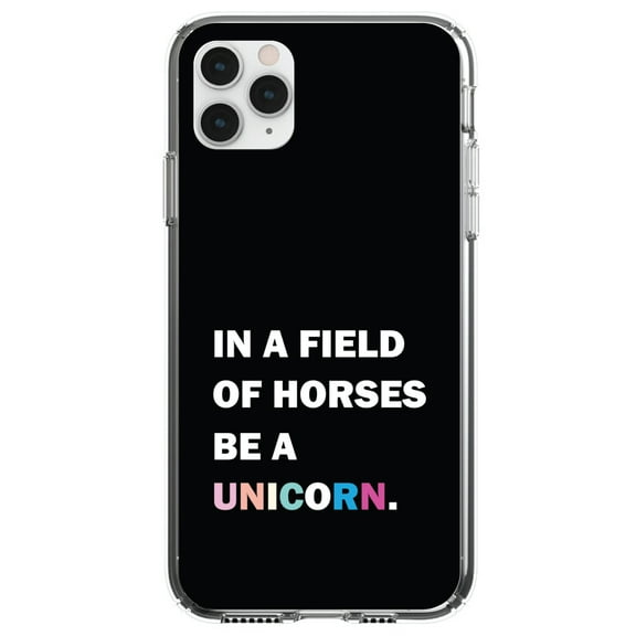 DistinctInk Clear Shockproof Hybrid Case for iPhone 13 (6.1" Screen) - TPU Bumper, Acrylic Back, Tempered Glass Screen Protector - In a Field of Horses, Be a Unicorn - Rainbow