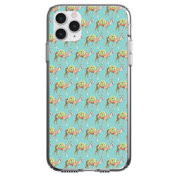 DistinctInk Clear Hybrid Case for Apple iPhone 13 (6.1" Screen) - Camels on Teal Background - Tempered Glass Back