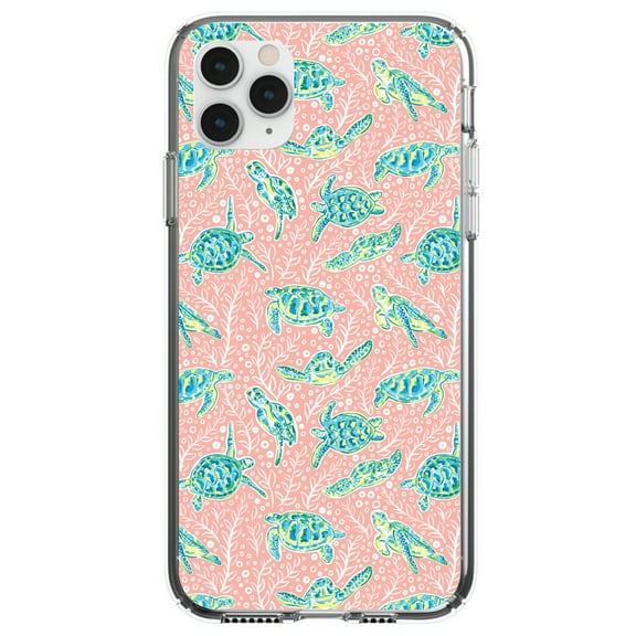 DistinctInk Clear Hybrid Case for Apple iPhone 13 (6.1" Screen) - Turtles on Pink Background - Tempered Glass Back