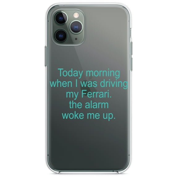 DistinctInk Clear Shockproof Hybrid Case for iPhone 13 PRO (6.1" Screen) - TPU Bumper Acrylic Back Tempered Glass Screen Protector - When Driving My Ferrari, Alarm Woke Me